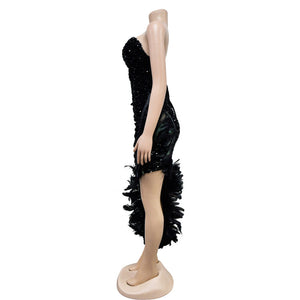 Black Backless Sequin Feather Dress