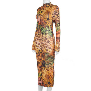 Leopard Printed Round Neck Long Sleeves Midi Bodycon Dress
