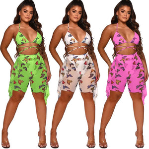 Butterfly Print Swimwear Mesh Bra Top Ruffled Shorts 2 Piece Sets