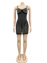 Load image into Gallery viewer, Black Mesh Rhinestone Mini Dress
