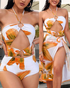 Floral Pattern One Piece Swimwear with cover up