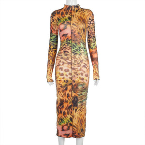 Leopard Printed Round Neck Long Sleeves Midi Bodycon Dress