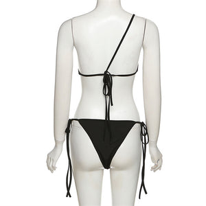 One Shoulder Bra and Side Tie Thong Bikini Set